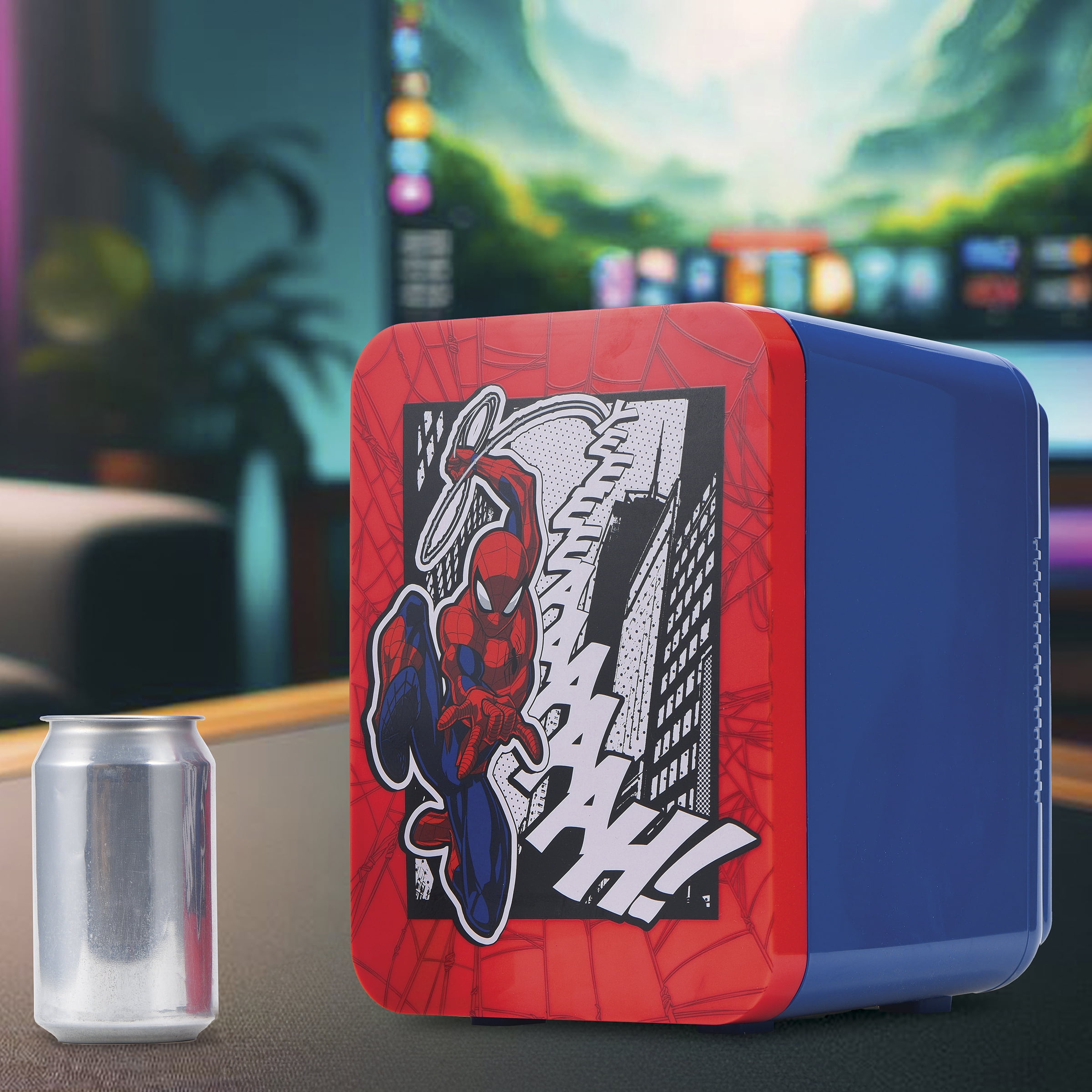 Marvel Spider-Man Mini Fridge 4L 6 Can, Portable Beverage Cooler for Drinks, Skincare, Bedroom, Office, Gaming Setup