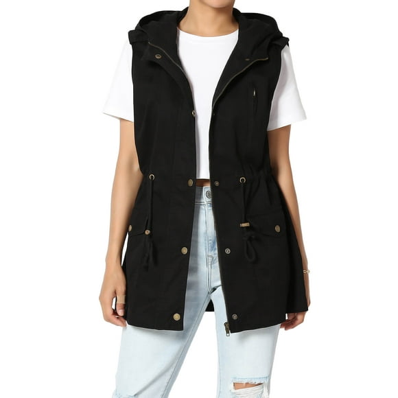 TheMogan Women's S~3X Drawstring Loose Fit Utility Vest Sleeveless Military Jacket