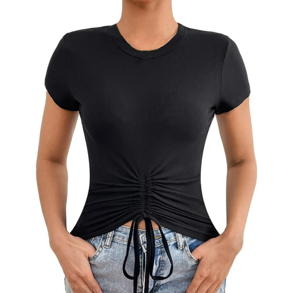 DuoJiaJ Women's Solid Color Round Neck Casual Simple Drawstring Short Sleeved T Shirt Women’s High-Neck Workout Tops Black