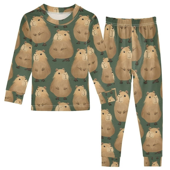 joogoo Capybara Pattern 2 Piece Long Sleeve Tee and Pants Cotton Pajama Set 5Y