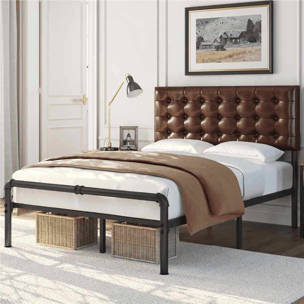 Yaheetech Metal Platform Bed Frame with Faux Leather Upholstered Height