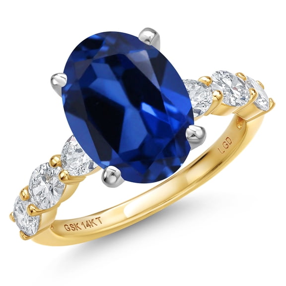 Gem Stone King 14K Two Tone Gold Blue Created Sapphire and Lab Grown Diamond Engagement Ring for Women | 6.90 Cttw | Oval 12X10MM | Gemstone September Birthstone | Size 9