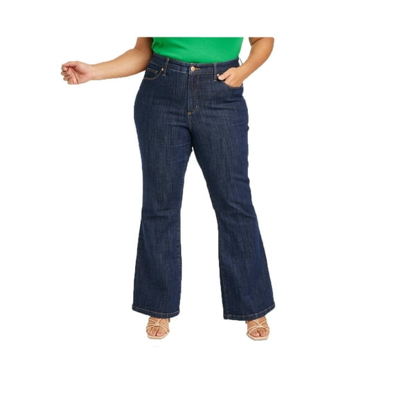 Women's Dark Blue Denim Plus Size High-Rise Relaxed Flare Jeans - 16