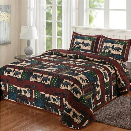 Bears Scarlet & Black Patchwork Quilt Quilted Bedding Set, Multi Color - Queen Size Quilt & 2 Shams