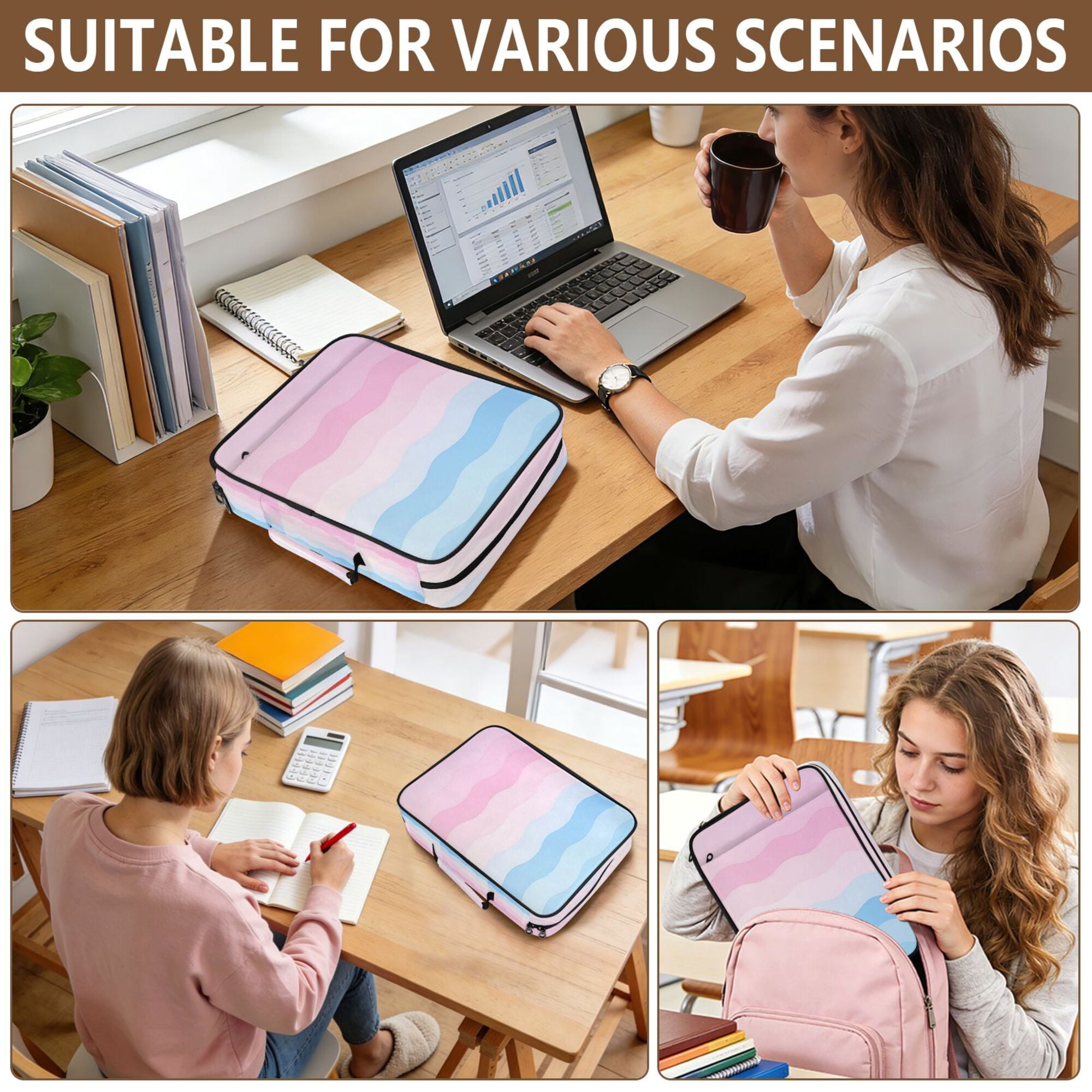 FORMRS Accordion File Folder A4 Size 7-Pocket Expanding Document Organizer Bag with 3 Ring Binder, Light Pink Stripes