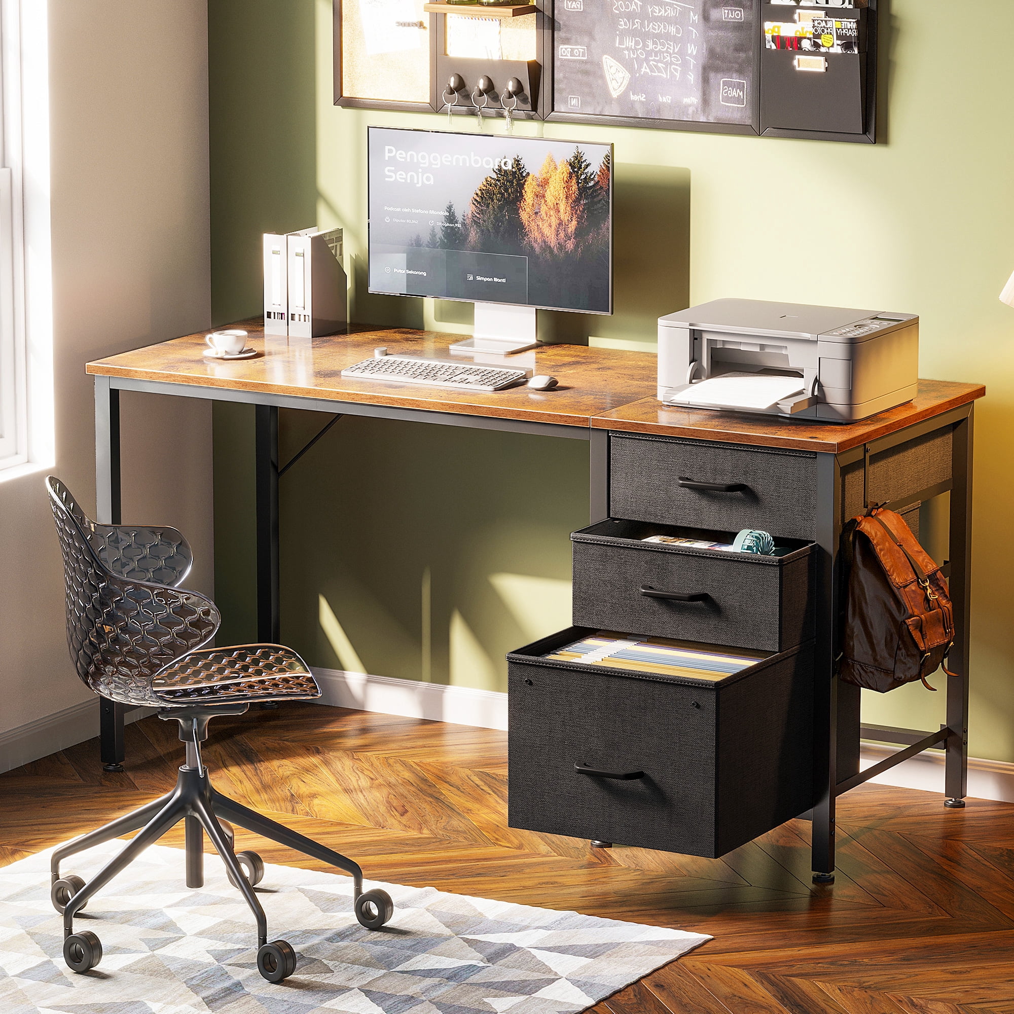 48 Inch Computer Desk with 3 Fabric Drawers, Home Office Desk with File Cabinet, Writing Desk for Work and Study, Vintage and Black