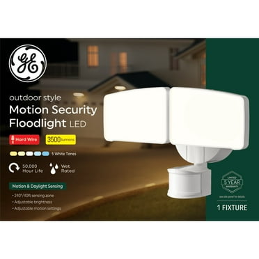 GE Outdoor Security LED Floodlights, Adjustable 2-Head Light with Motion & Dusk to Dawn Sensor, Hardwired, 3500 Lumens