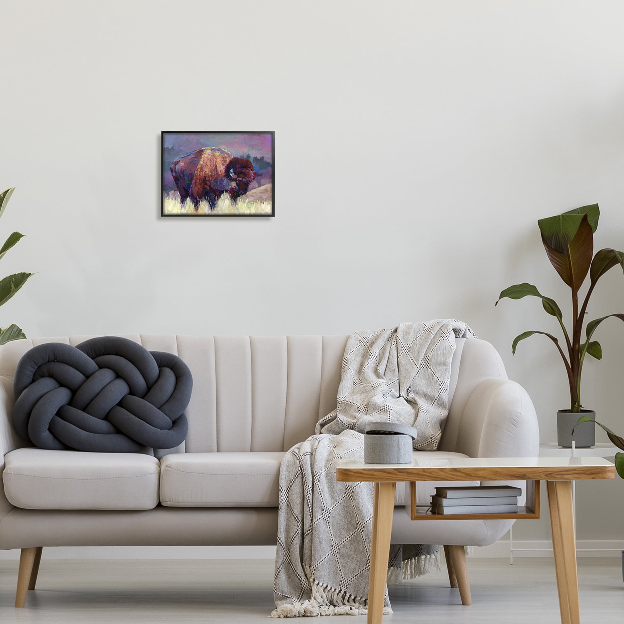 Stupell Industries Vibrant Bison Grazing Rural Meadow Purple Landscape Painting Black Framed Art Print Wall Art, Design by Robert Jackson