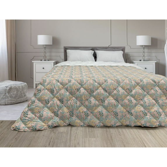 Floral Down Alternative Comforter, Pastel Nature Monochrome Spring Composition of Blooming Peonies and Birds, Microfiber Quilt for All Season, 5 Sizes, Ceil Blue and White, by Ambesonne