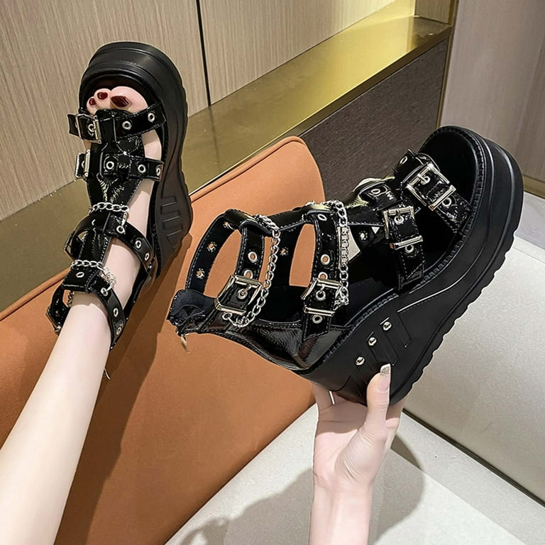 Xfvqtps Womens Wedges Sandals Gothic Y2K Back Zipper Adjust
