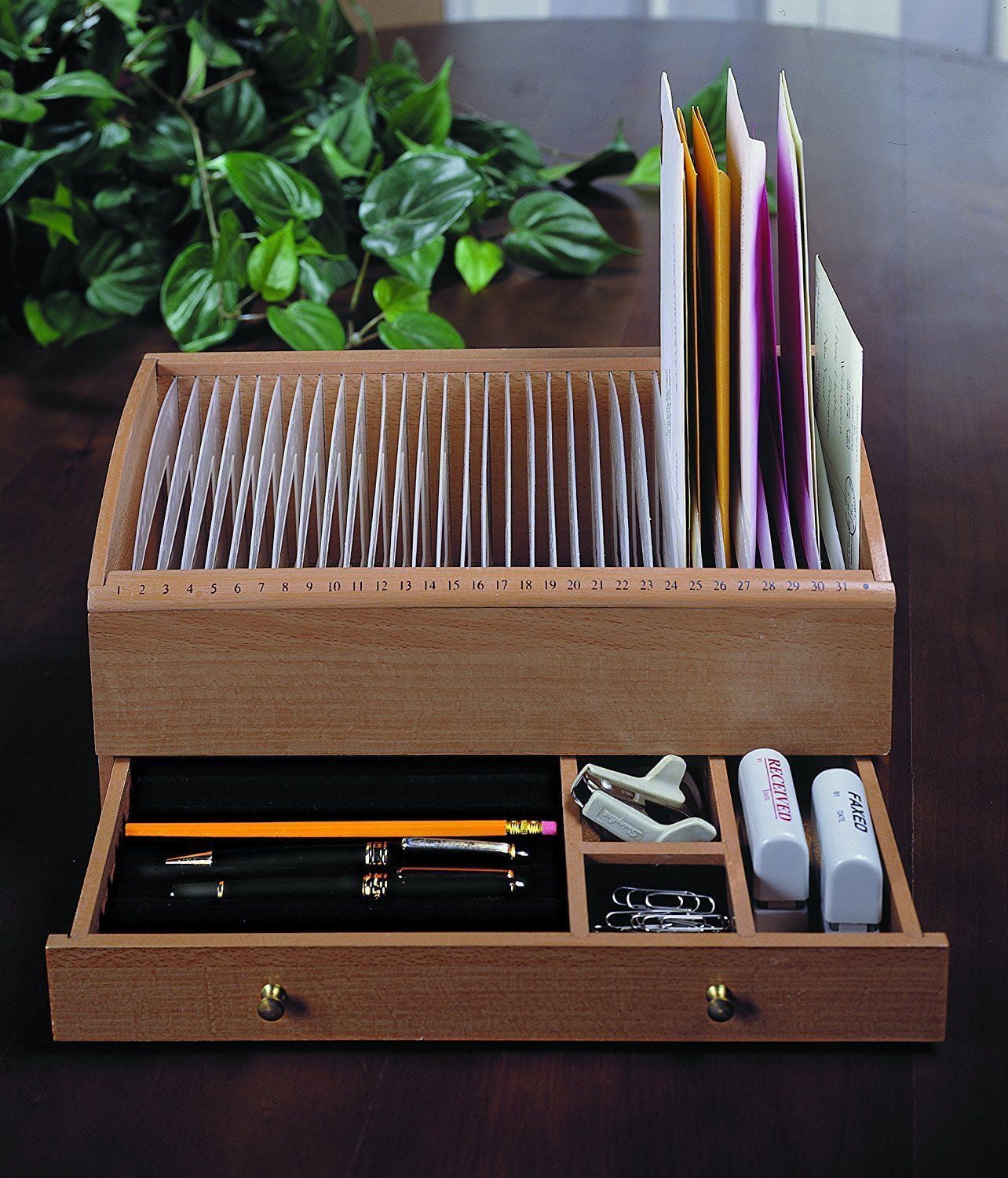 Wooden Desk Organizer W Drawers Office Desktop Stand Tabletop