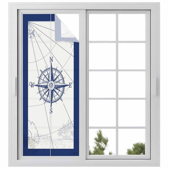 Blue Compass Nautical Privacy Window Film, Decorative Frosted Glass Window Film, Coastal Abstract Art Retro Reusable Peel and Stick Static Cling for Home Bathroom Office Glass Door 23.6"x59"