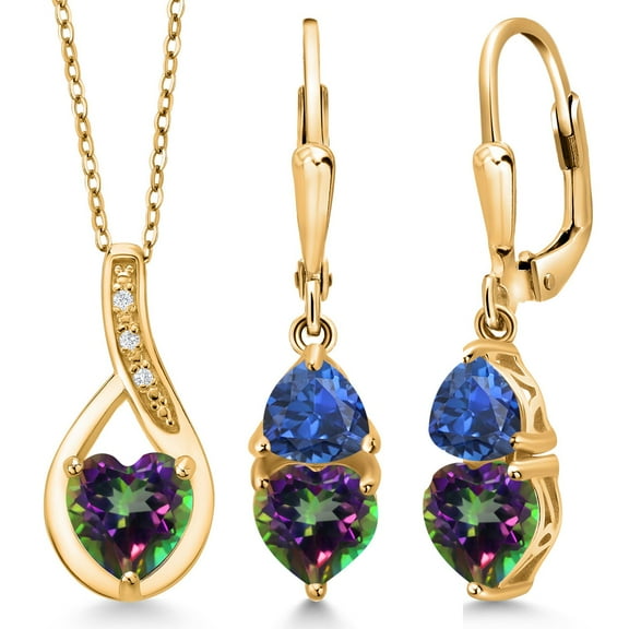 Gem Stone King 18K Yellow Gold Plated Silver Green Mystic Topaz and Blue Created Sapphire Pendant Earrings Set for Women (4.48 Cttw, Gemstone Birthstone, with 18 inch Chain)