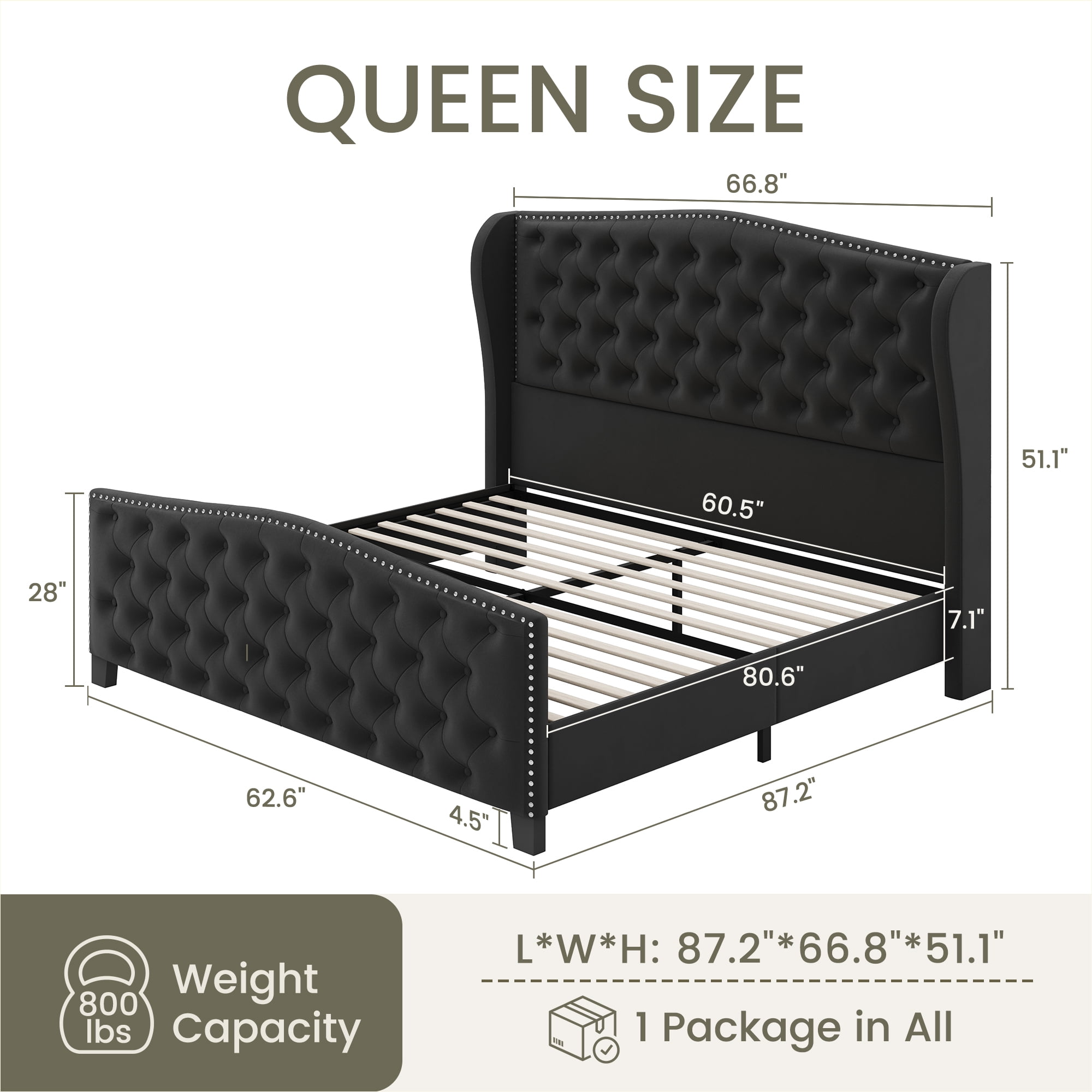 Breltam Queen Size Bed Frame Velvet Upholstered Platform Bed with Wingback Headboard, Dark Grey