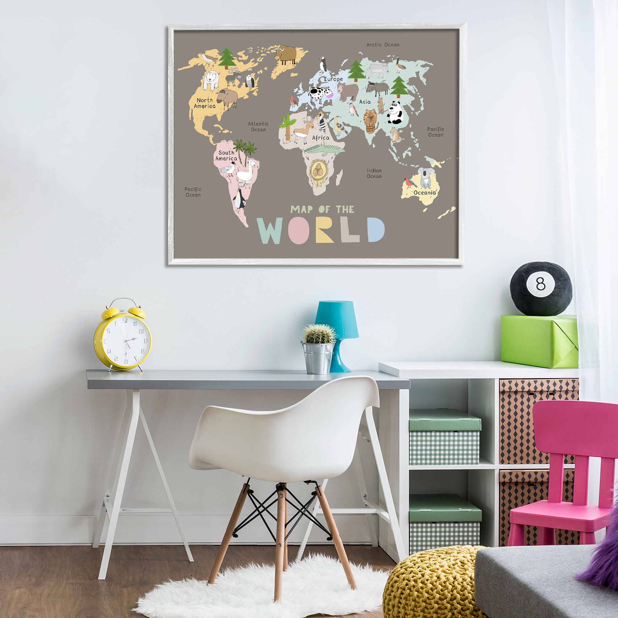 Kid's Map Of World Brown White Framed Giclee Art, design by Carla Daly