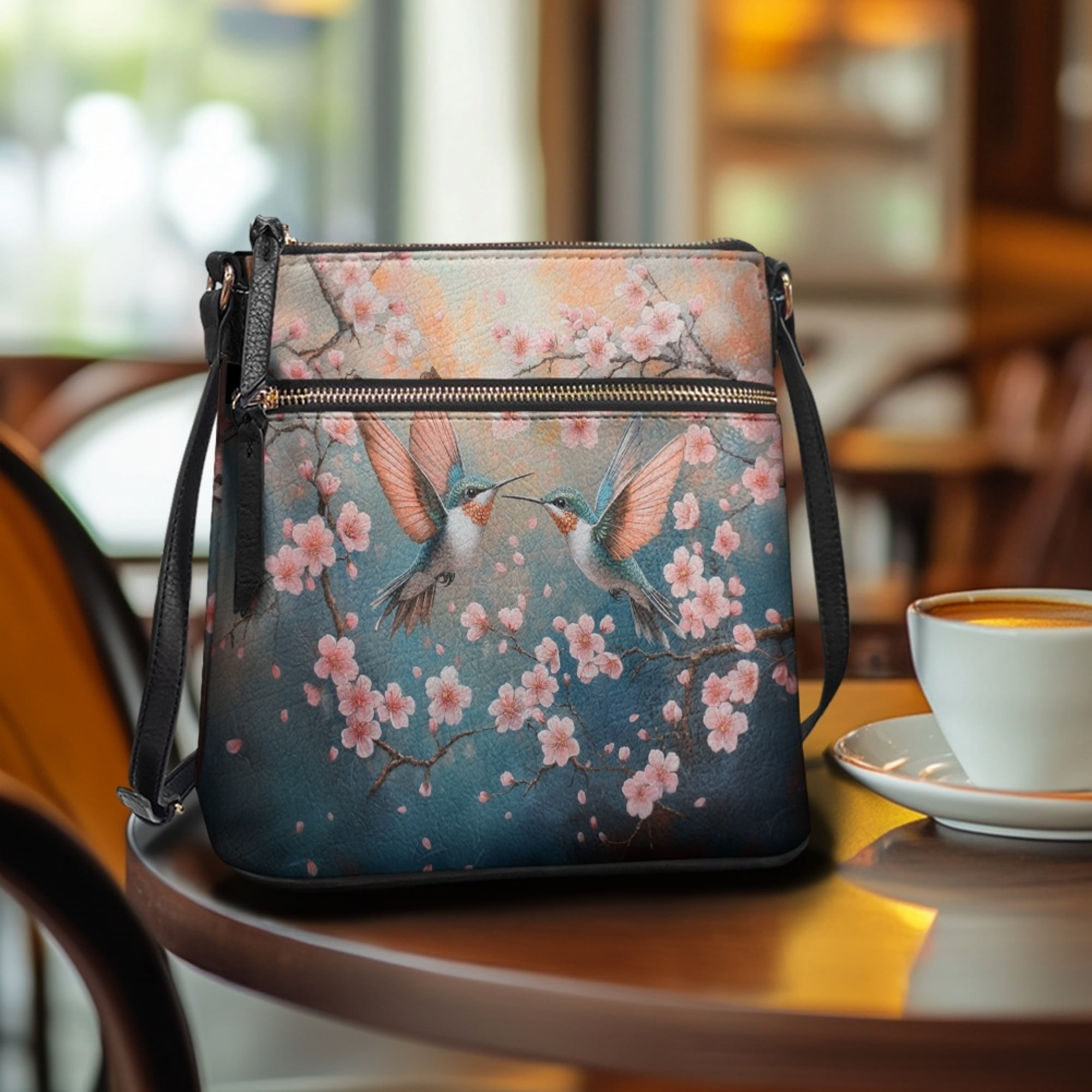 Kuiaobaty Hummingbird Print Crossbody Bag for Women, Cherry Blossom Print PU Leather Hobo Handbag with Adjustable Strap, Roomy Large Capacity Sling Purse Crossbody for Travel