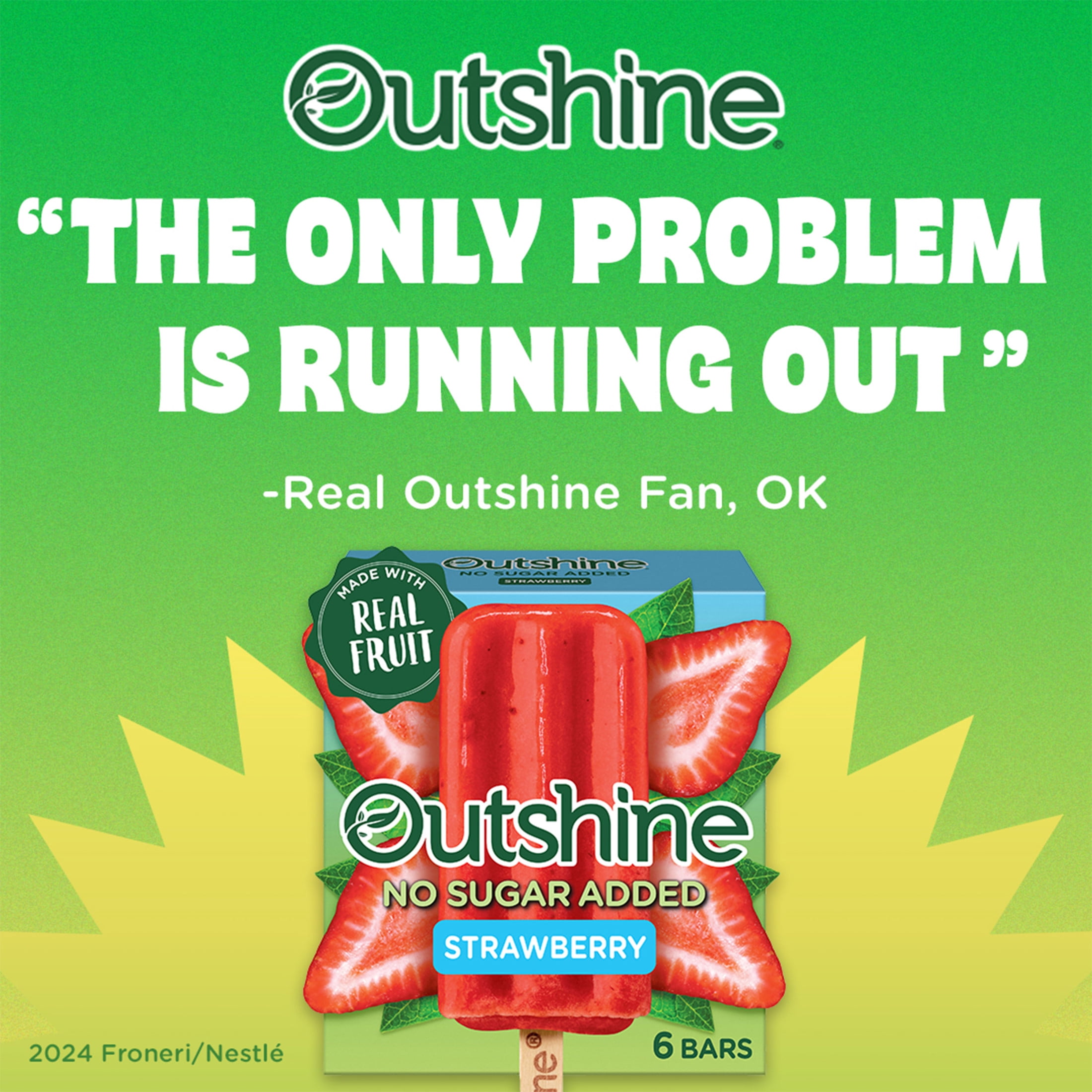 Outshine Strawberry Frozen Fruit Bars with No Sugar Added, Gluten Free, 6 Count