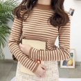thumbnail image 4 of Autumn Winter Women Stripe Sweater Half-turtleneck Rolled Edges Thin Pullover Lady Skinny Elastic Long Sleeve Casual Knitted Top, 4 of 5