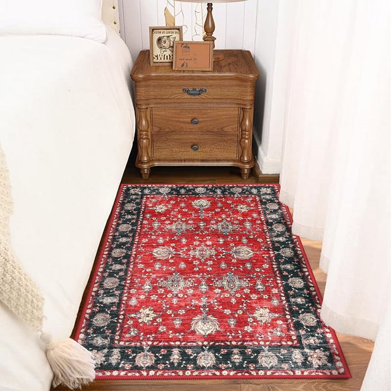 Jamfeel 2x3 Small Rugs Vintage Print Washable Door Mat Indoor Entrance Low Pile Rug for Living Room Entryway, Kitchen, Red