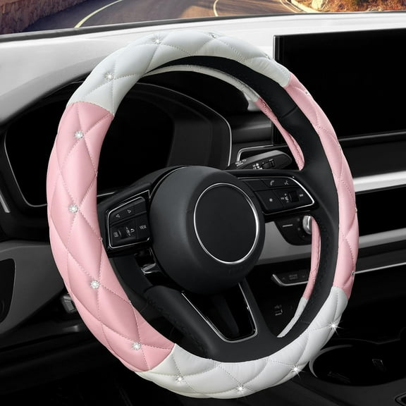 Cute Diamond Soft Leather Steering Wheel Cover with Bling Bling Crystal Rhinestones, Universal 15 Inch for Women Girls, Fit Vehicles, Sedans, SUVs, Vans, Trucks - Light Pink and White