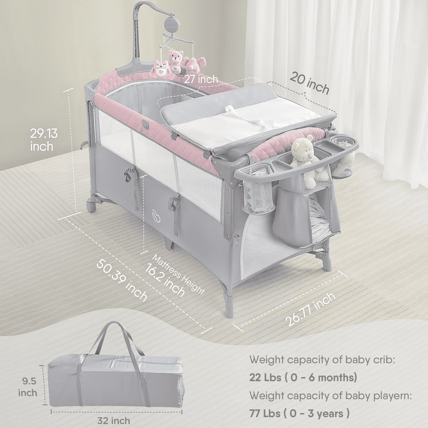 ADOVEL Baby Bassinet Bedside Crib, Pack and Play with Mattress, Diaper Changer and Playards from Newborn to Toddles,Pink