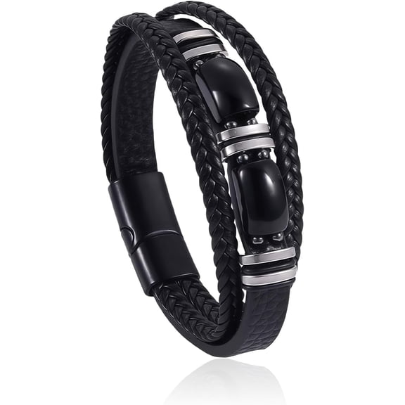 Men's Tiger Eye Leather Bracelet, Triple Layer Braided Leather Wristband, Bead Cuff Bracelet for Business and Casual Wear, Masculine Jewelry Accessories-USA