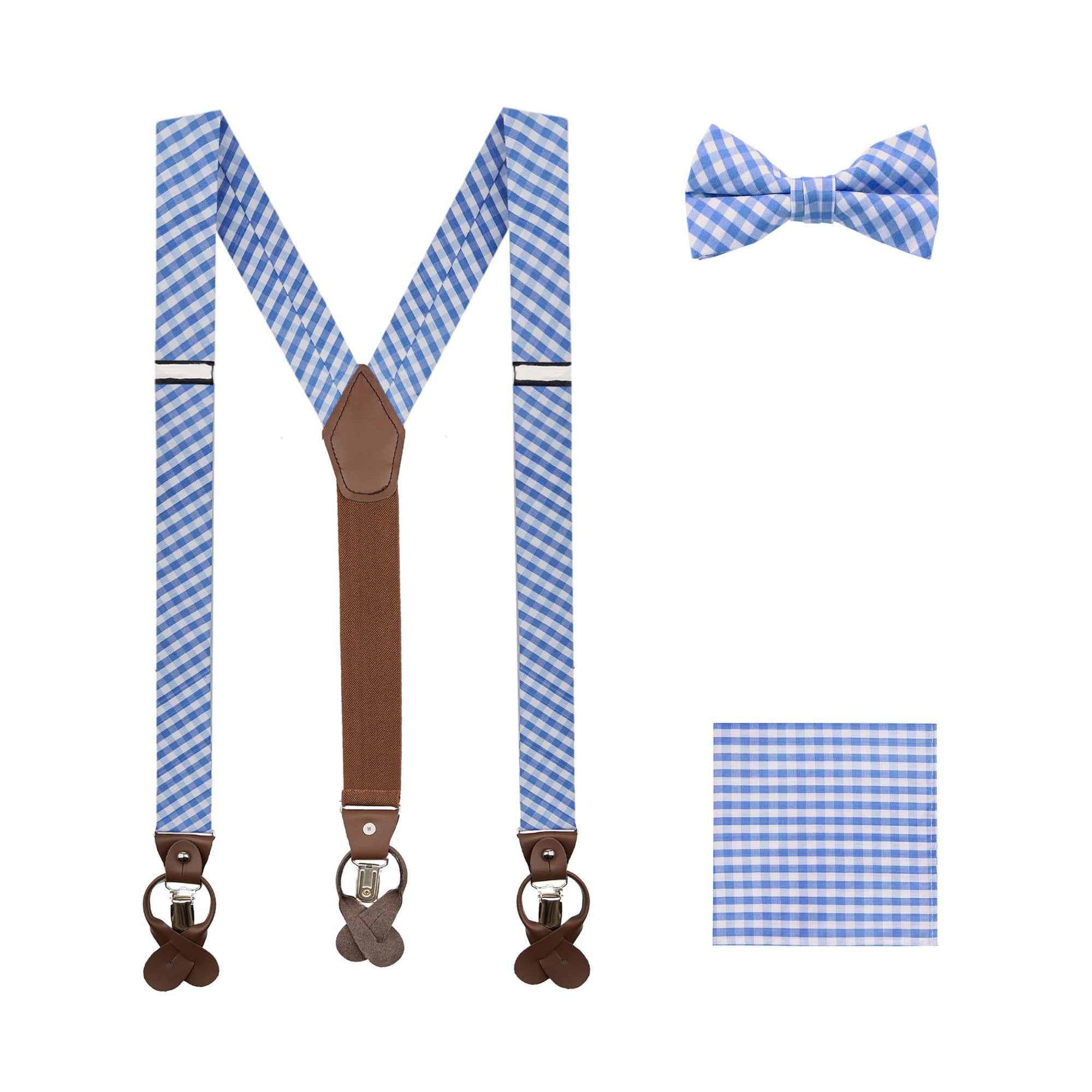 New Men's micro fiber Pre-tied Bow tie & hankie light blue checkers formal