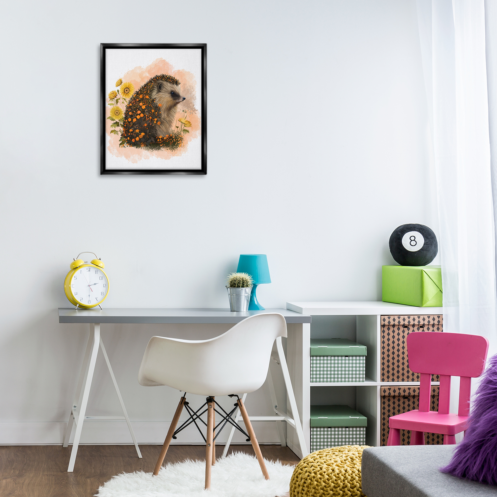Stupell Industries Wildflower Patterned Hedgehog Animals & Insects Painting Black Floater Framed Canvas Art Print Wall Art, 17 x 21