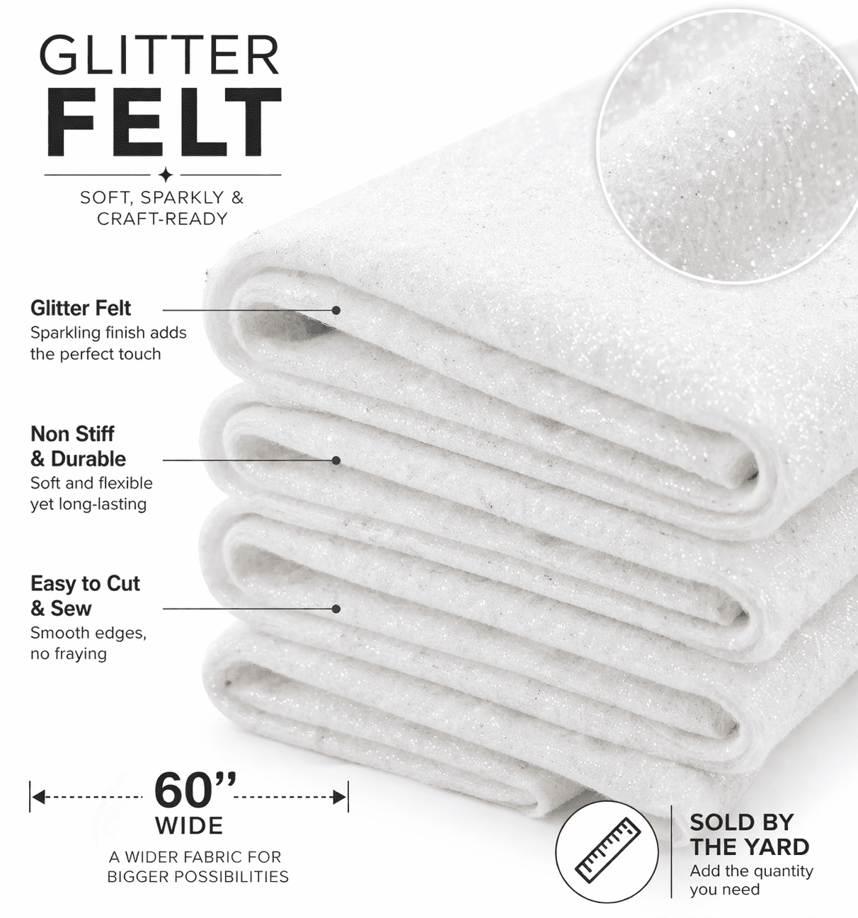 FabricLA Glitter Felt Fabric by The Yard – 60 Inch Wide Sparkly Felt, Non-Shedding Mess-Free Glitter Fabric for Crafts, Costumes & Decor - White, 2 Yards