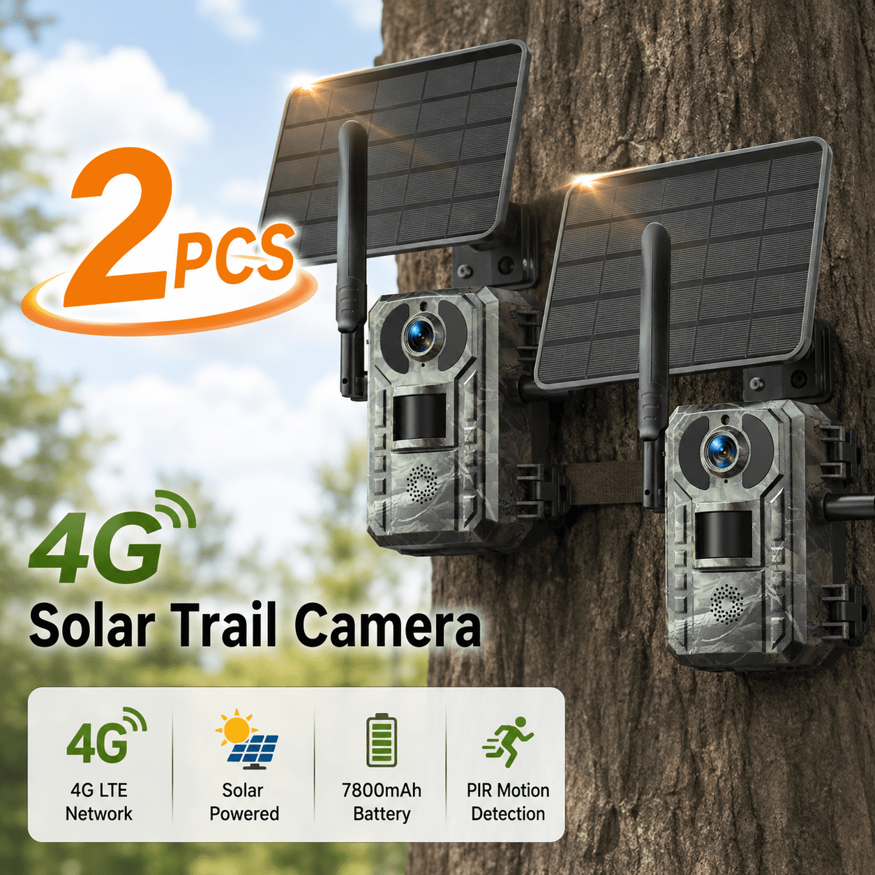Campark 4G LTE Cellular Trail Camera 2K Live Streaming Game Camera with Built-in SIM Card for Wildlife Monitoring 850nm No-Glow Night Vision 2 Pack