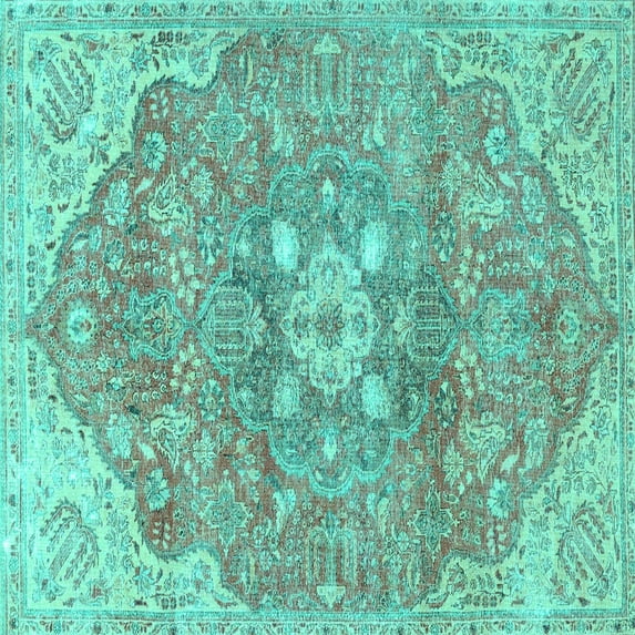 Ahgly Company Machine Washable Indoor Square Medallion Turquoise Blue Traditional Area Rugs, 4' Square