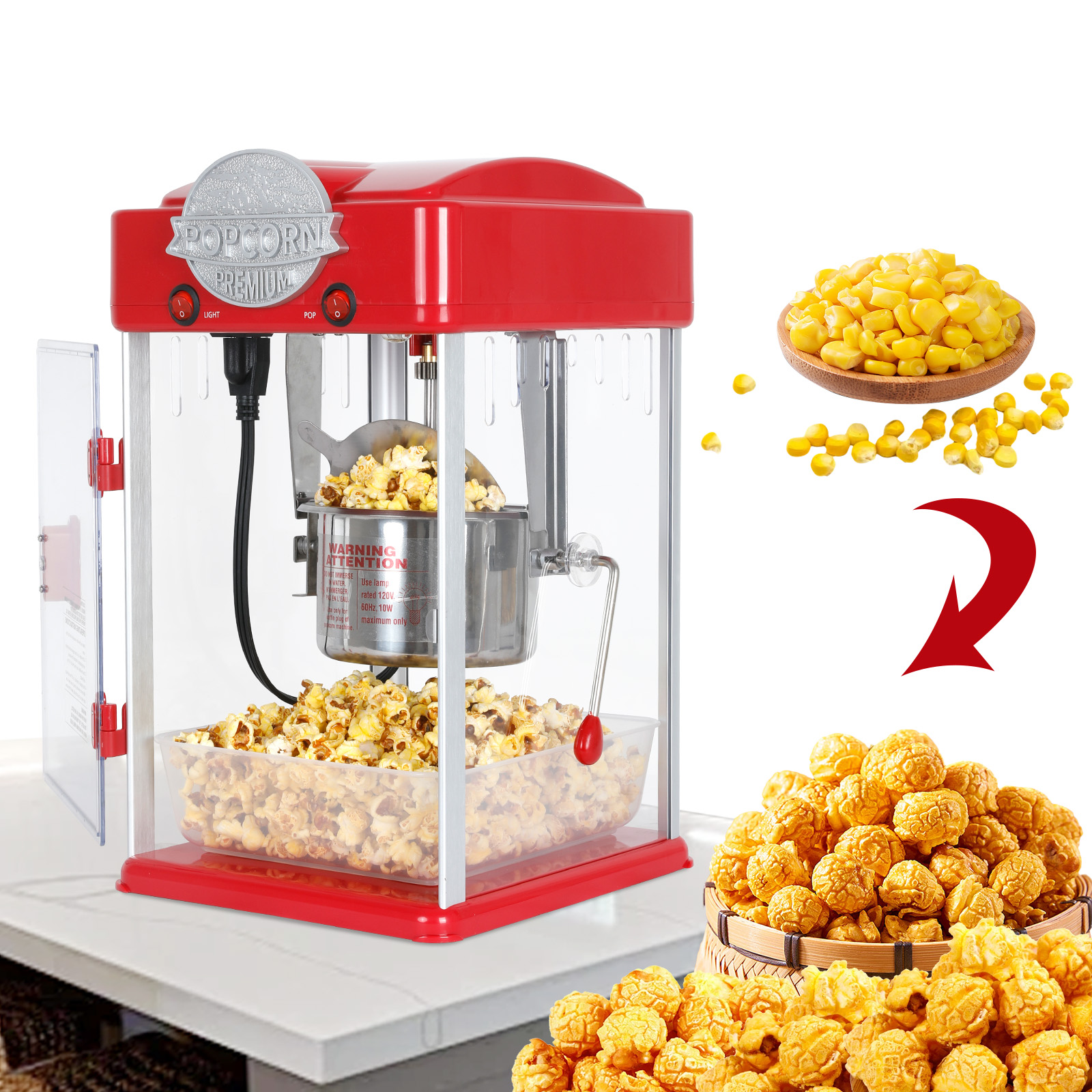 Yoneston 6 oz Commercial Popcorn Machine, 600W Countertop Popcorn Maker, Container Produces 2 Gallon per Cycle, Comes with 3 Ladles, Red