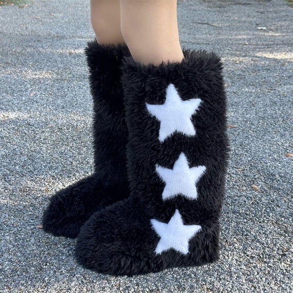 JUSLIO Winter Boots for Women,Mid Calf Boots Fleece Womens Snow Boots Solid Color Fashion Casual Round Toe Womens Boots