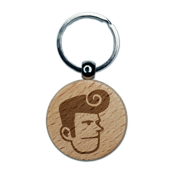 Rockabilly Man with Pompadour Round Keychain Charm Tag - Engraved Wood