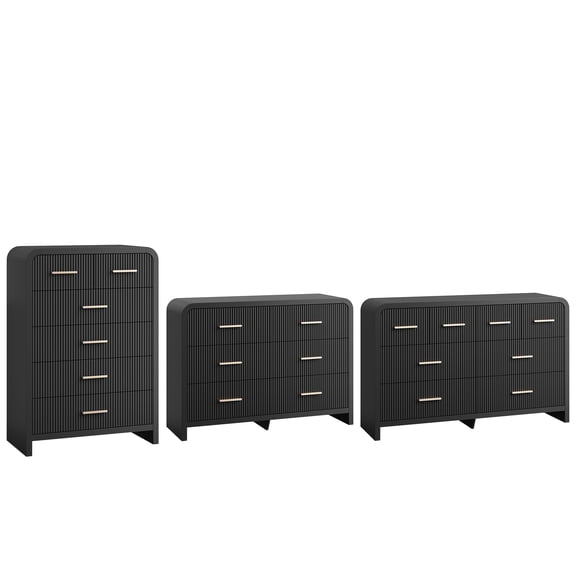 HUJAUU Modern 3-Piece Bedroom Furniture Set, 8-Drawer Wood Dresser, 6-Drawer Wide Chest of Drawers & 6-Drawer Tall Dresser with Spacious Tabletop, Fluted Panels, Curved Corners, Gold Handle, Black