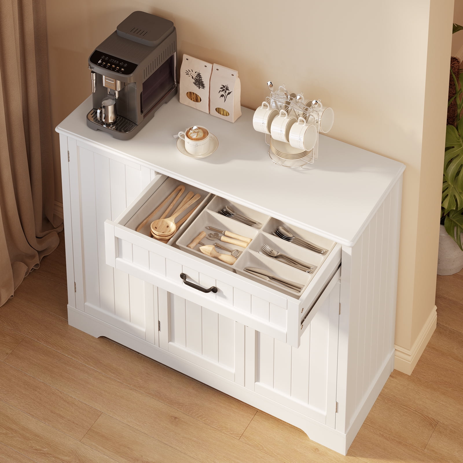 Coffee Bar Cabinet, Lofka 42" Farmhouse Kitchen Storage Sideboard Buffet Cabinet with 8 Shelves & 1 Drawer, Multifunctional Console Table for Dining Room Living Room Entryway Home Coffee Station, Whi