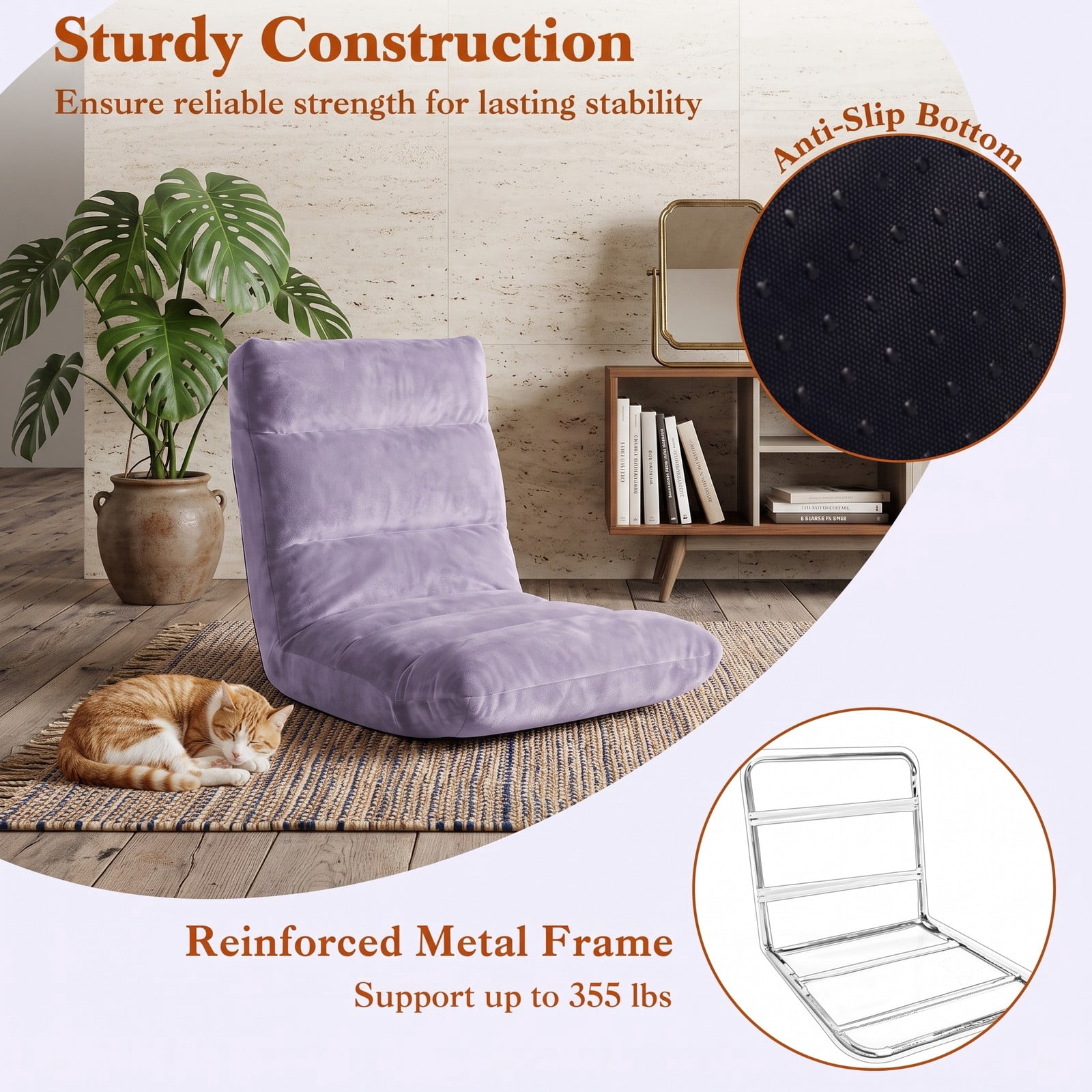 Furnibear 14-Position Adjustable Floor Chair, Padded Folding Lazy Sofa Gaming Chair with Cushioned Back Support for Living Room Bedroom Reading Meditation, Light Purple