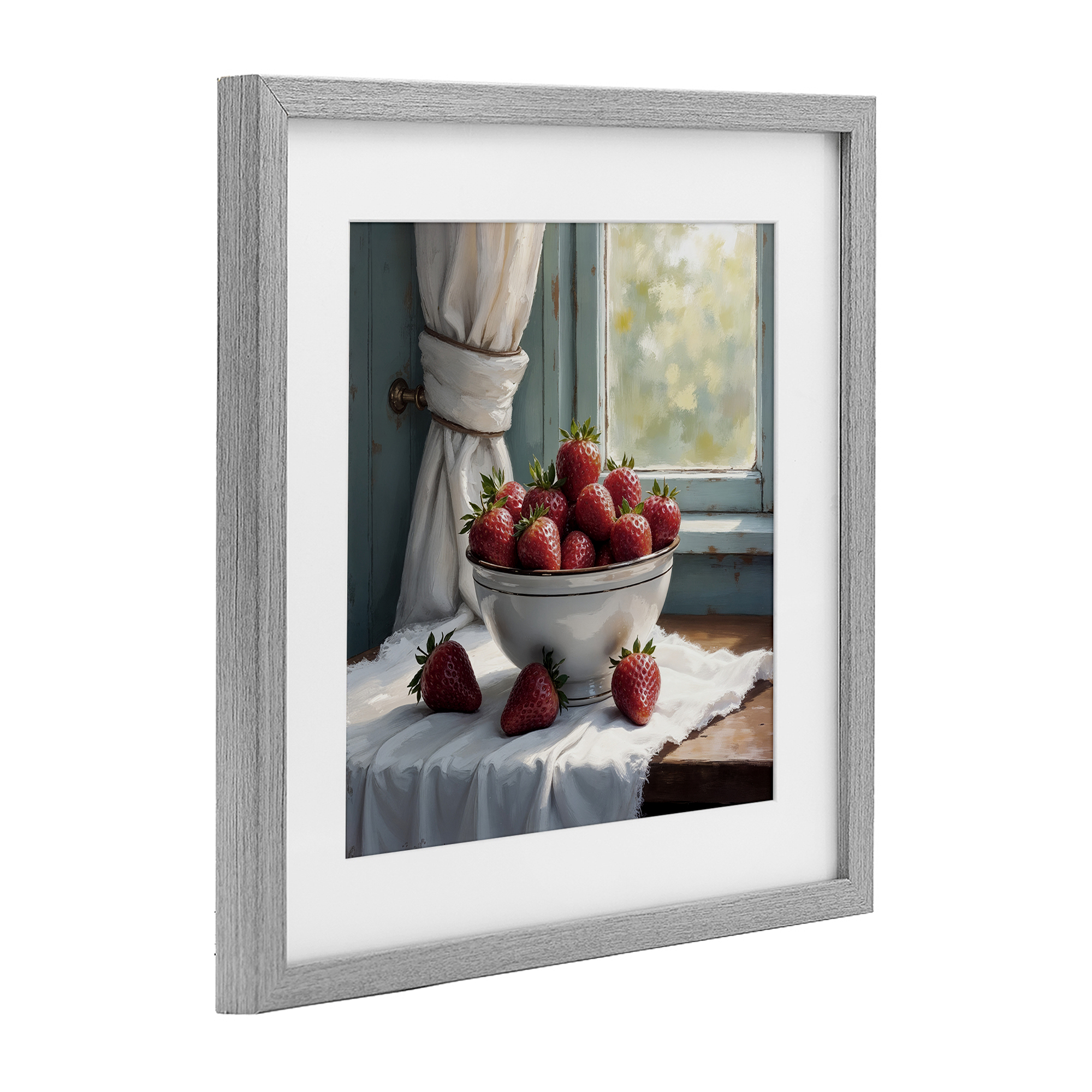 Strawberry Harvest in Window Gray Framed Print Under Glass, design by Lettered and Lined