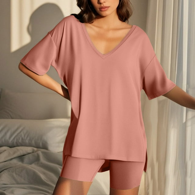 GreatBaby Clearance Ladies' Spring And Summer Solid Color Five Quarter V Neck Spring And Summer Breathable Sleeved Shorts Casual Home Lounge Wear