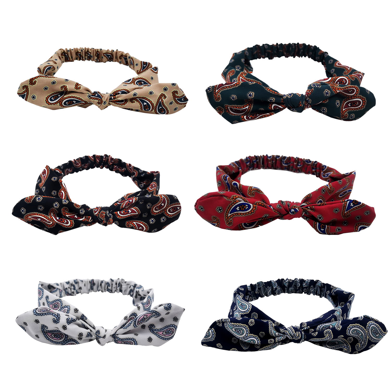 Carede Boho Bow Headbands for Women Vintage Floral Printed Rabbit ears Elastic Head Wrap Twisted Cute Hair Accessories 6 Pack 
