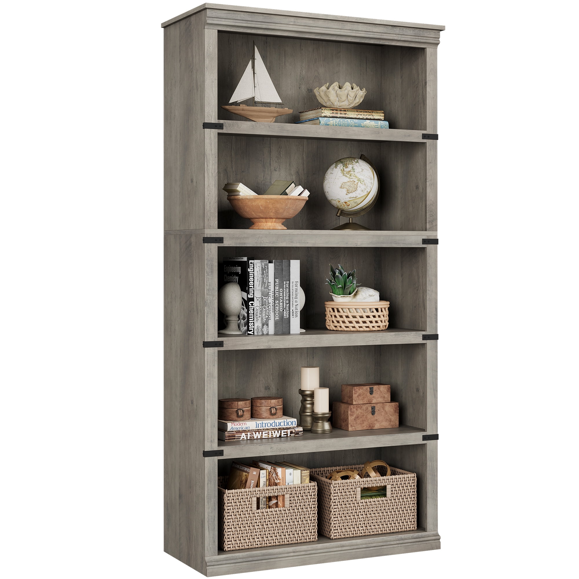 Aoile 5 Tier Farmhouse Bookshelf, 12.7" x 31.4" x 67.4" Heavy Duty Freestanding Bookcase, Bookshelves with Storage Open Display for Home Office, Living Room, Bed Room, Bathroom, Gray