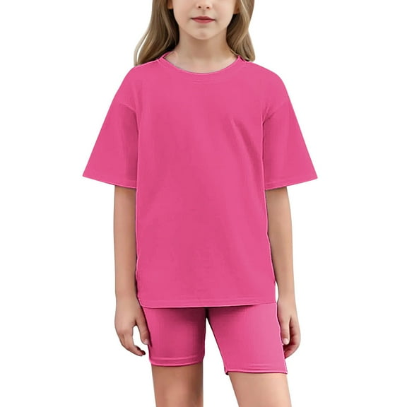 XMMSWDLA Printed Kids Matching Sets Girls Clothes Summer 2 Piece Outfits Drop Shoulder T-Shirts and Biker Shorts Kids Fashion Clothing Sets Hot Pink Toddler Graphic Tee And Shorts Set