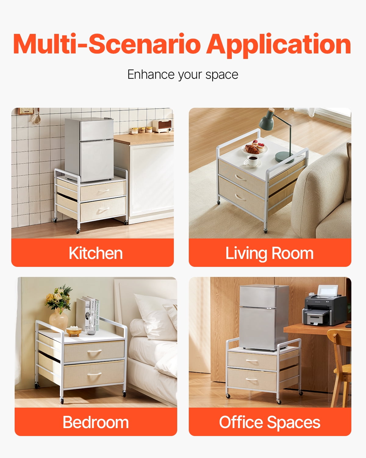 VEVOR Mini Fridge Stand with Storage, 176 lb-Capacity Mini Fridge Table with 2 Drawers & 4 Swivel Wheels, Mobile Mini Fridge Shelf, White Mini Fridge Organizer for Dorm, Apartment, Office, Bedroom