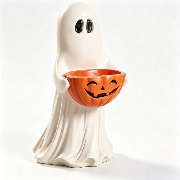 Halloween Ghost Statue with Jack-o-Lantern Pumpkin Candy Bowl, White Resin Ghost Figurine, Tabletop Candy Holder Ornament, Spooky Halloween Gift for Porch Yard Patio Indoor Home Party