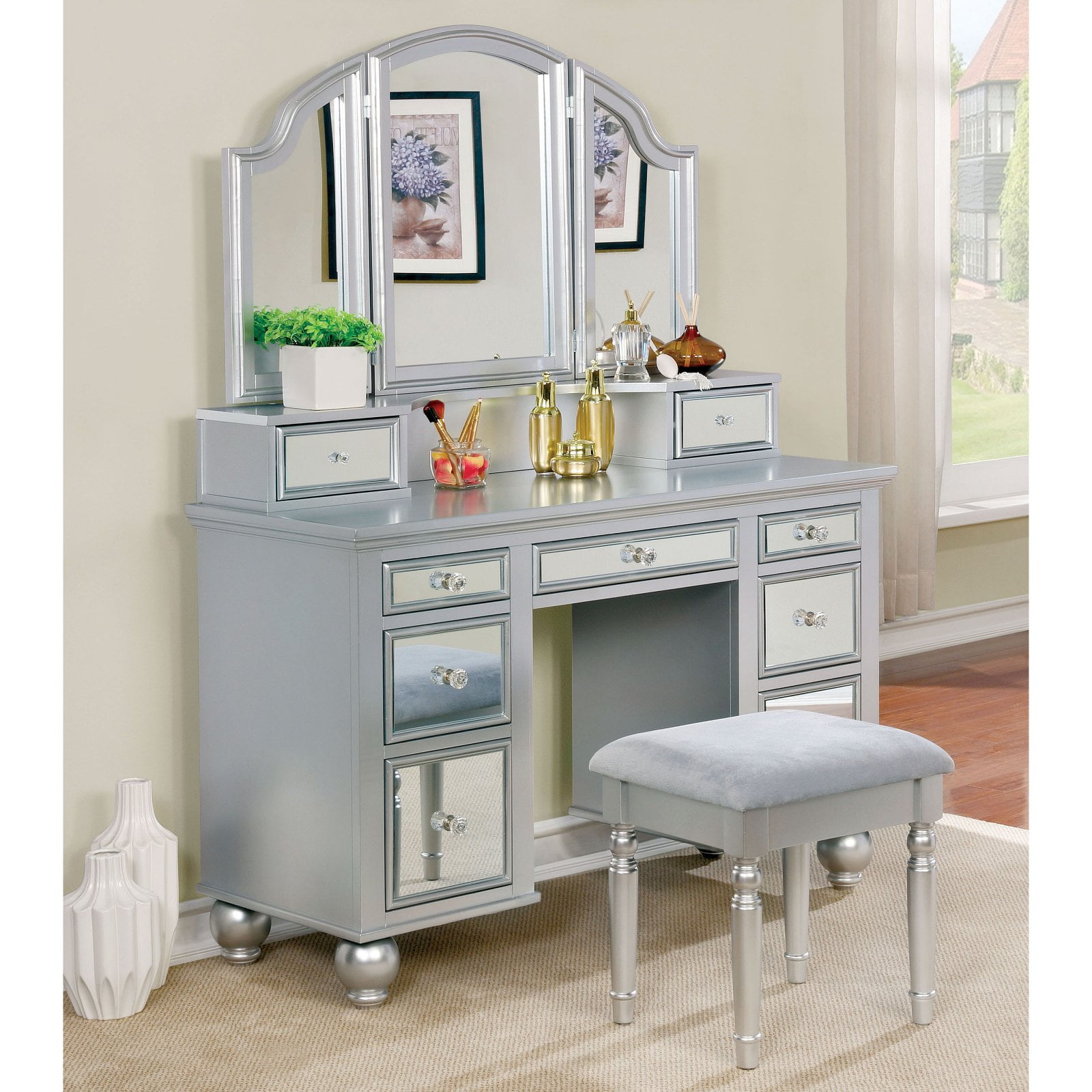 Furniture of America Aria Contemporary Style 3Sided Mirror Vanity Set