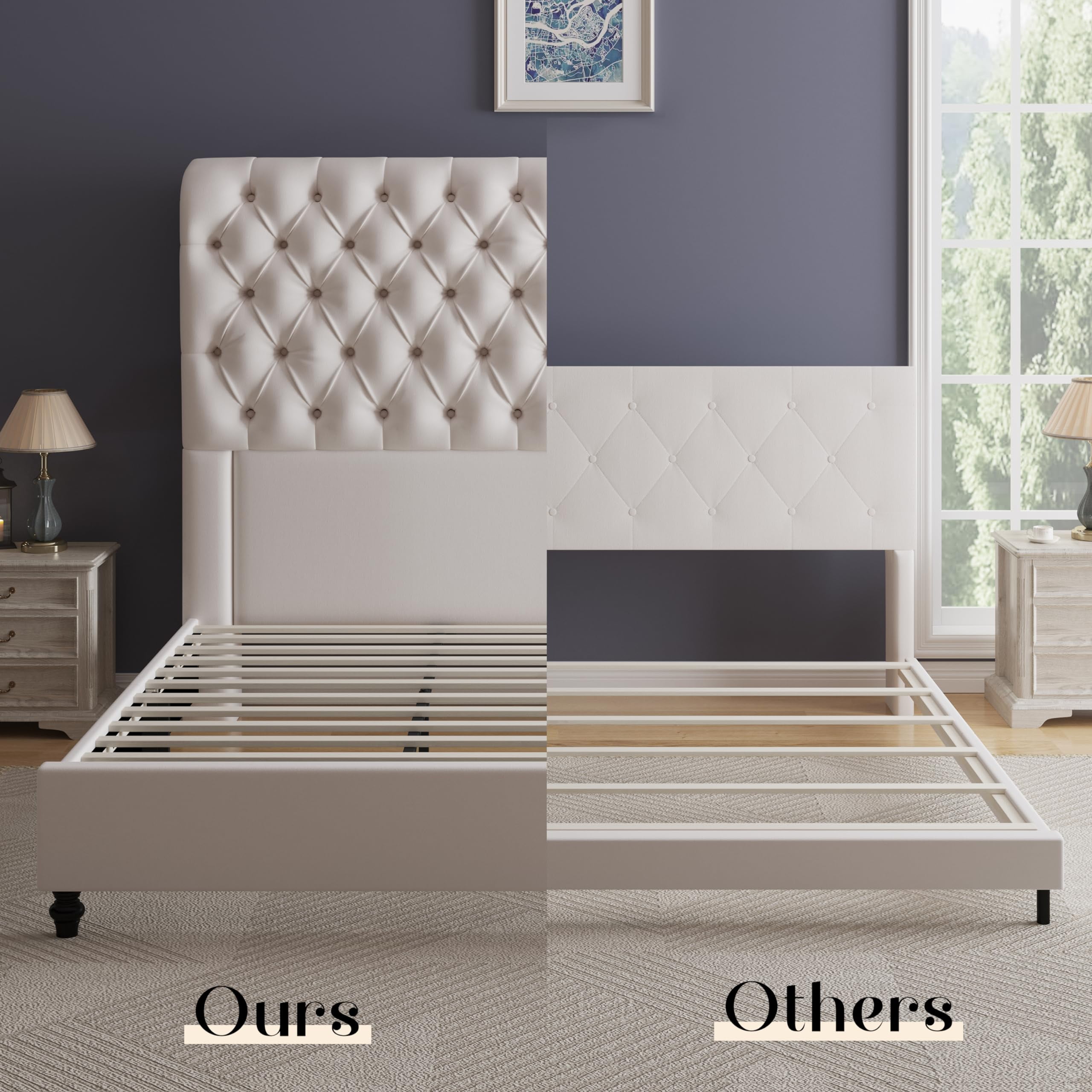 Merluxy King Bed Frame for Adult,60" Sleigh Headbord with Deep Button Tufting,Velvet Cream