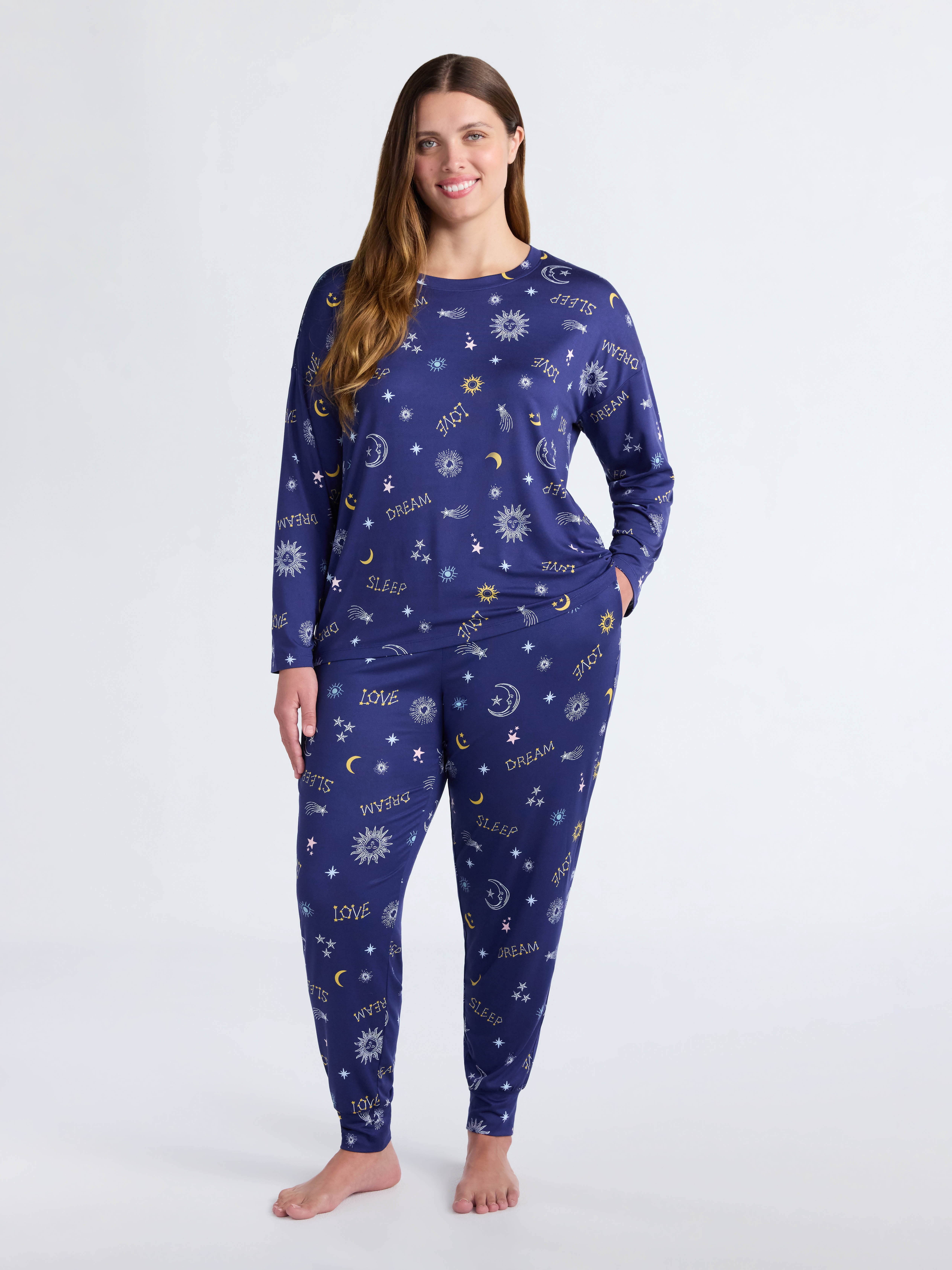 Joyspun Women's Dreamy Soft Collection Long Sleeve Sleep Top and Joggers Pajamas Set, 2-Piece, Sizes XS-3X