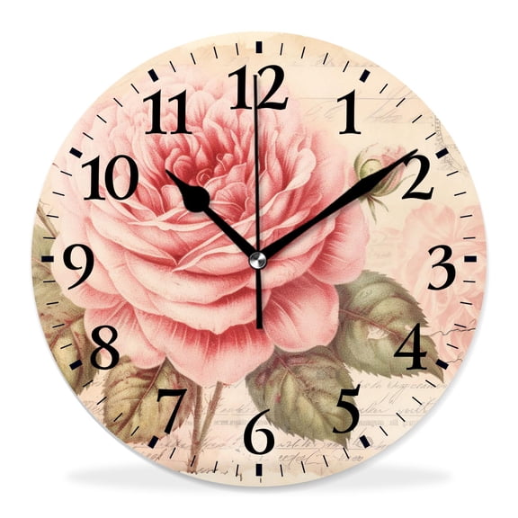 14 Inch Wall Clock Battery Operated Silent Clock Decorative for Office, Kitchen, Outdoor, Living Room，Vintage Shabby Chic Beautiful Rose Floral Beautiful