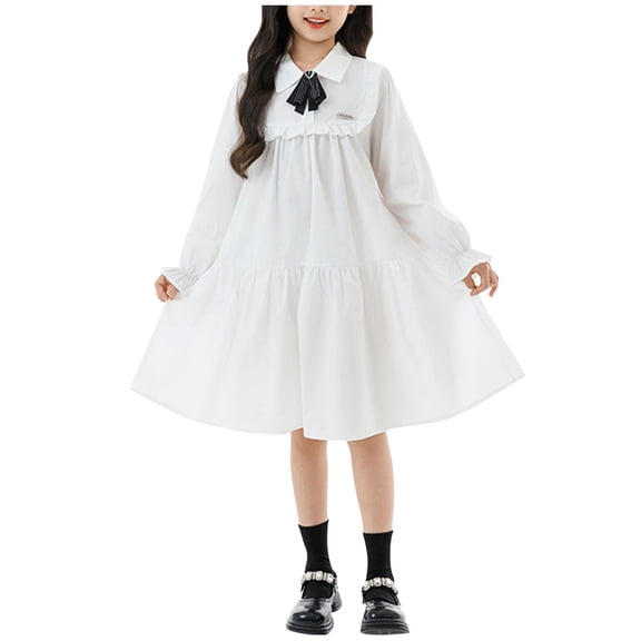 Loopsun 5-16 Years Girls Long Sleeve Collared Shirt Solid Dress White, 13-14 Years