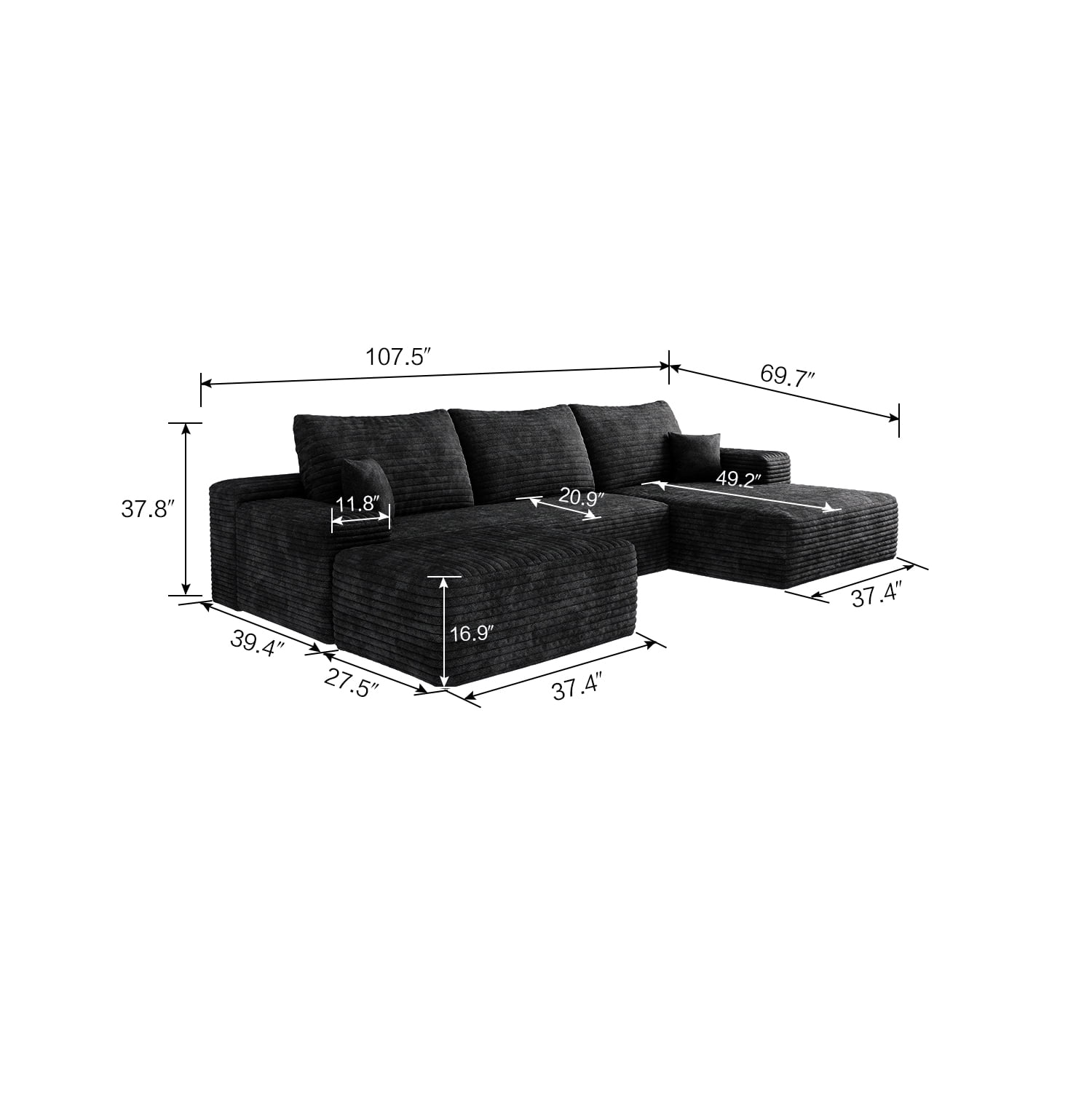 MAYEERTY 107" Black Modern Modular Cloud Sectional - No Assembly, Spacious Comfort Room